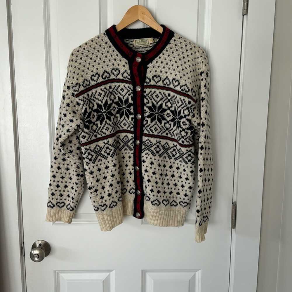 L.L. Bean Cream, Black & Red Nordic Button Cardigan